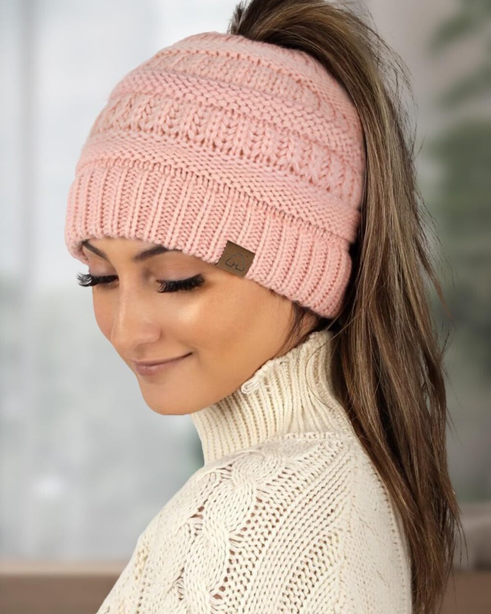 9543 Satin Lined Beanie Hat Silk Lined Winter Hat for Curly Hair Ponytail - Picture 5 of 7